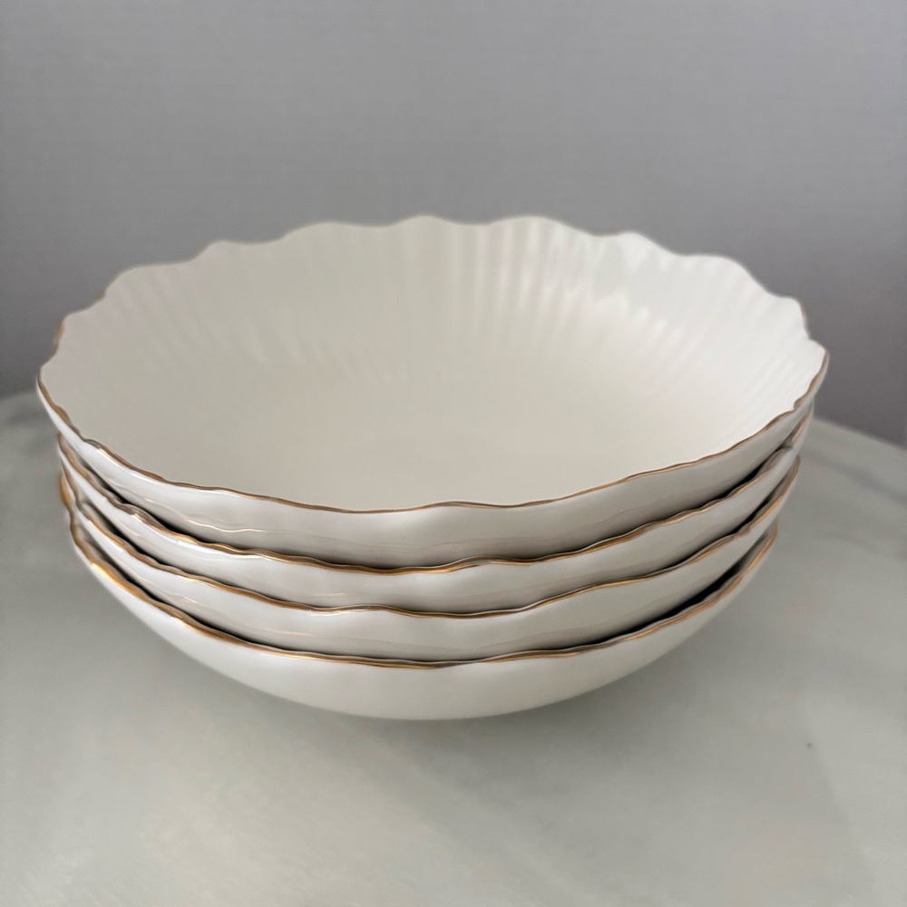 Eaton Fine Dining Porcelain 8" Pasta Bowl Set of 4 Aubrey White Gold Trim
